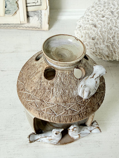 Studio pottery decorative bird house with handmade ceramic birds, textured roof and natural earthy glaze