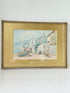 Vintage watercolour of fishing village with boats, gold mount, and ornate gilt frame