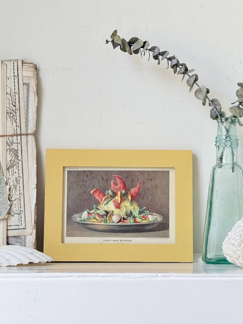 Framed antique Victorian cookery illustration from Cassell’s New Universal Cookery Book showing Lobster Salad Mayonnaise
