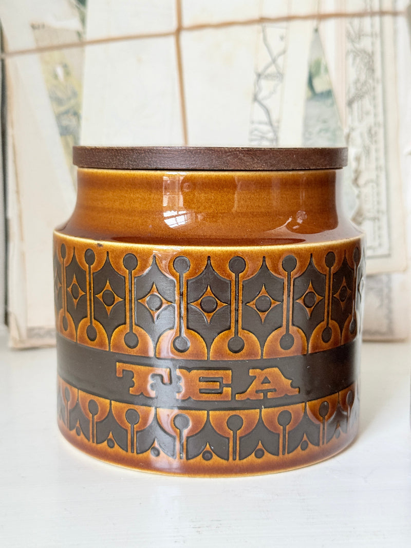 Hornsea Heirloom coffee tea and sugar canister set in autumn brown stoneware with teak lids photographed on a white surface