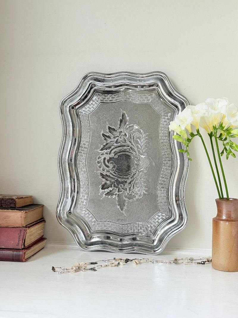Vintage Swan Brand Cromalin chromium plated serving tray made in England with shaped edge and embossed floral detail
