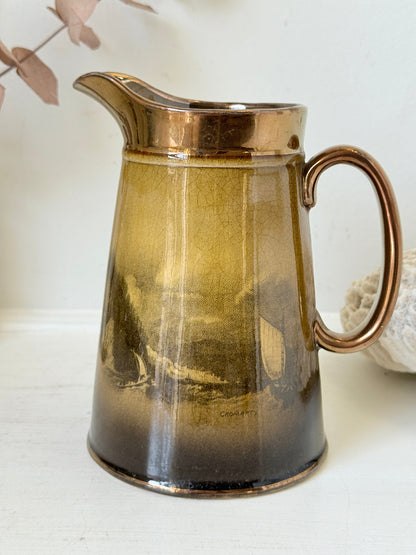 Vintage Ridgways Royal Vistas Ware ceramic jug in brown tones with scenic transfer print, photographed on a white surface