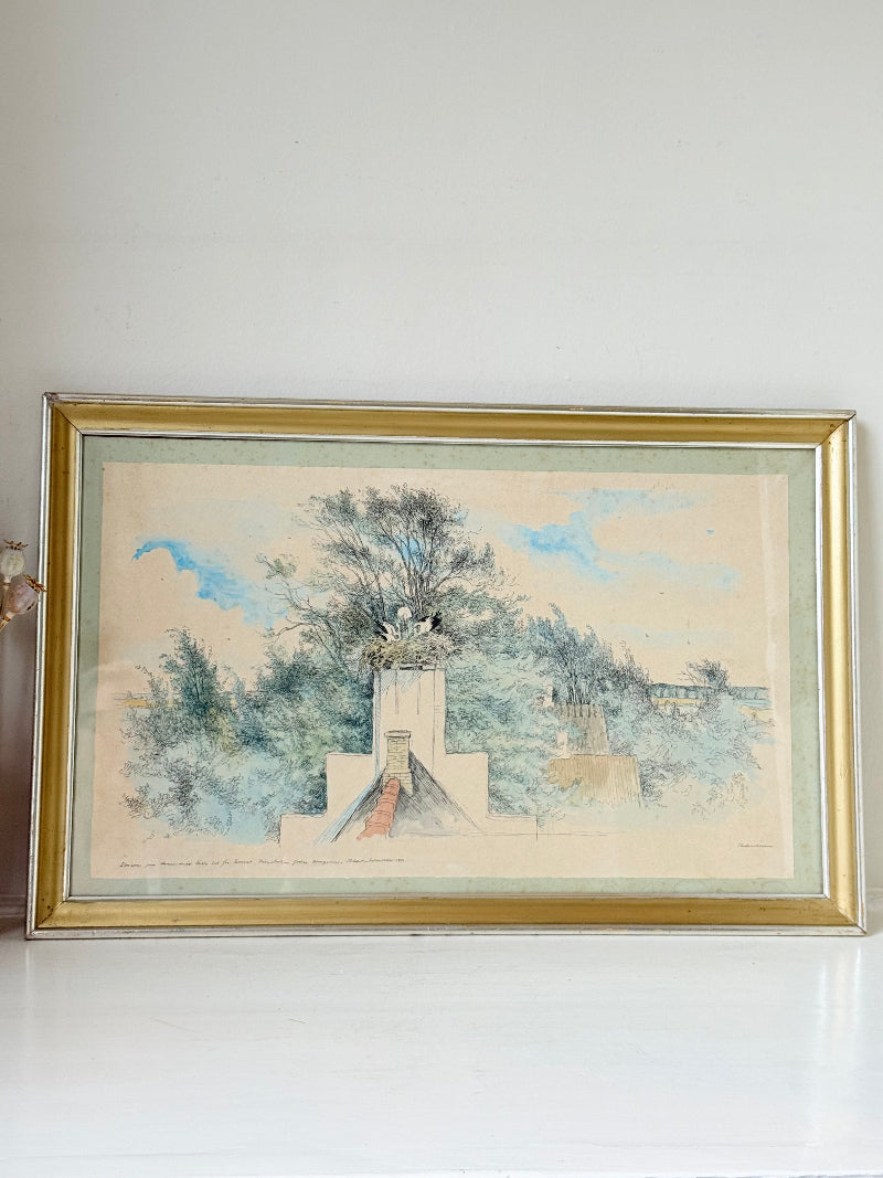 Vintage watercolour of birds nesting in chimney with trees and sky in gold frame