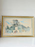 Vintage watercolour of birds nesting in chimney with trees and sky in gold frame