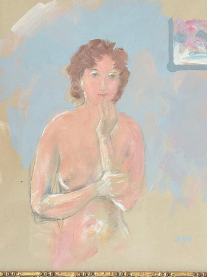 Mid-century oil portrait of woman by Alfred Heywood in gilt frame, photographed on white background