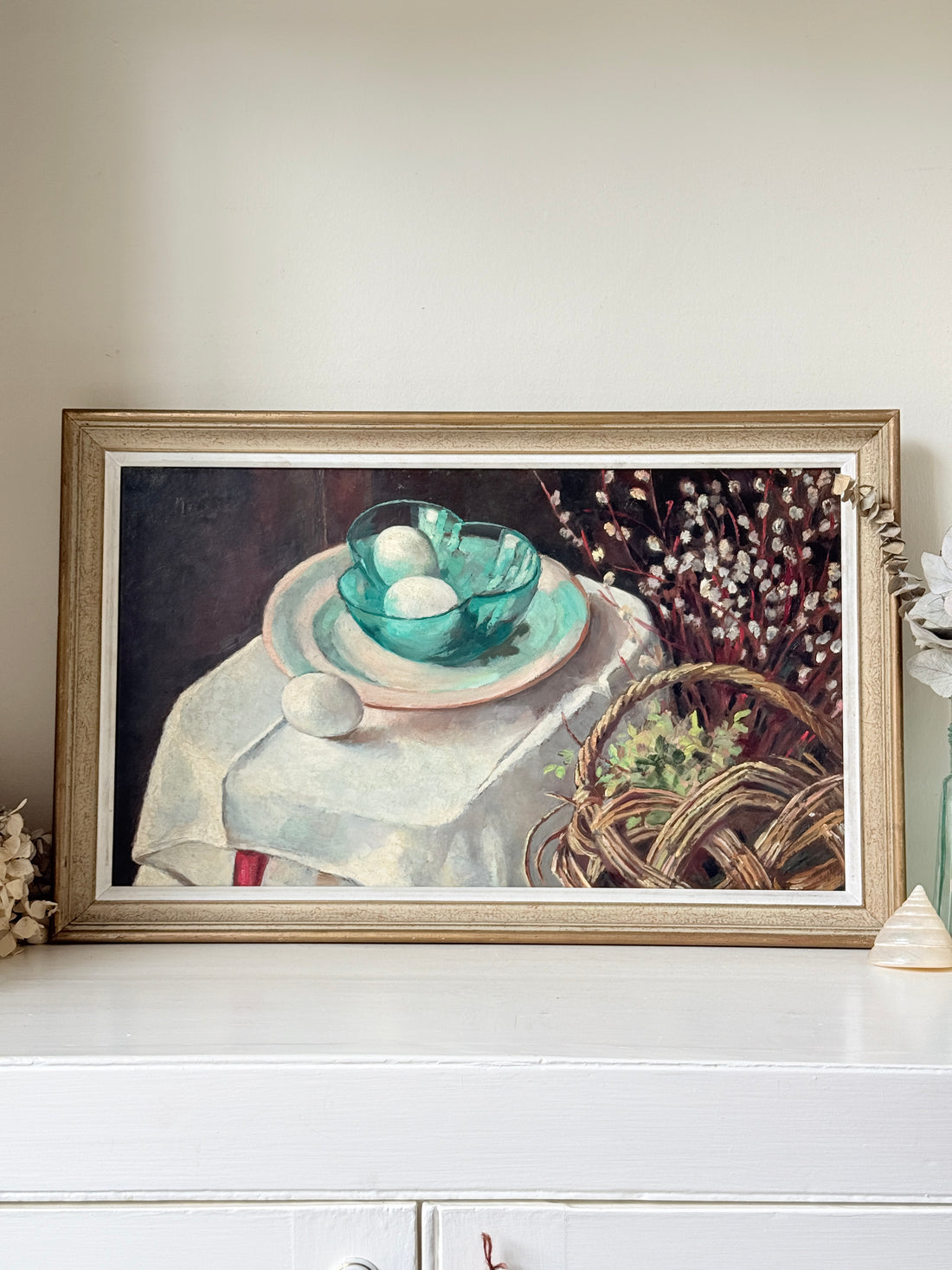 Mid Century Still Life Oil Painting in Jade and Burgundy, Eggs and Pussy Willow