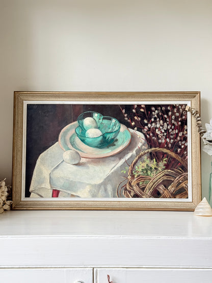 Mid Century Still Life Oil Painting in Jade and Burgundy, Eggs and Pussy Willow