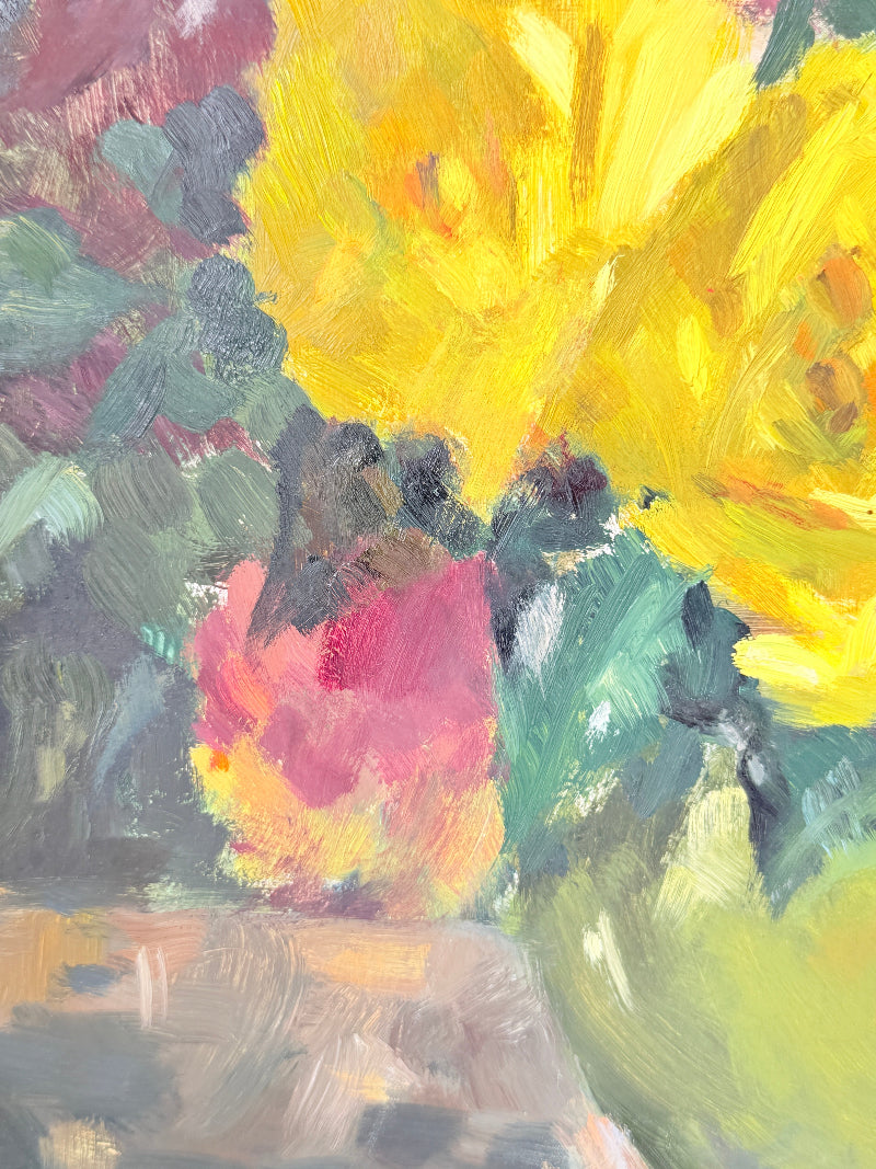 An impressionistic oil painting of flowers, featuring a large bright yellow bloom, a pink flower bud, and green leaves with visible brushstrokes.