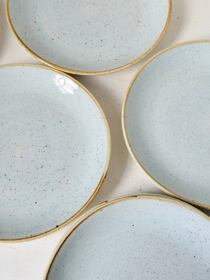 Set of 8 Churchill speckled duck egg side plates with warm rim photographed on a white surface