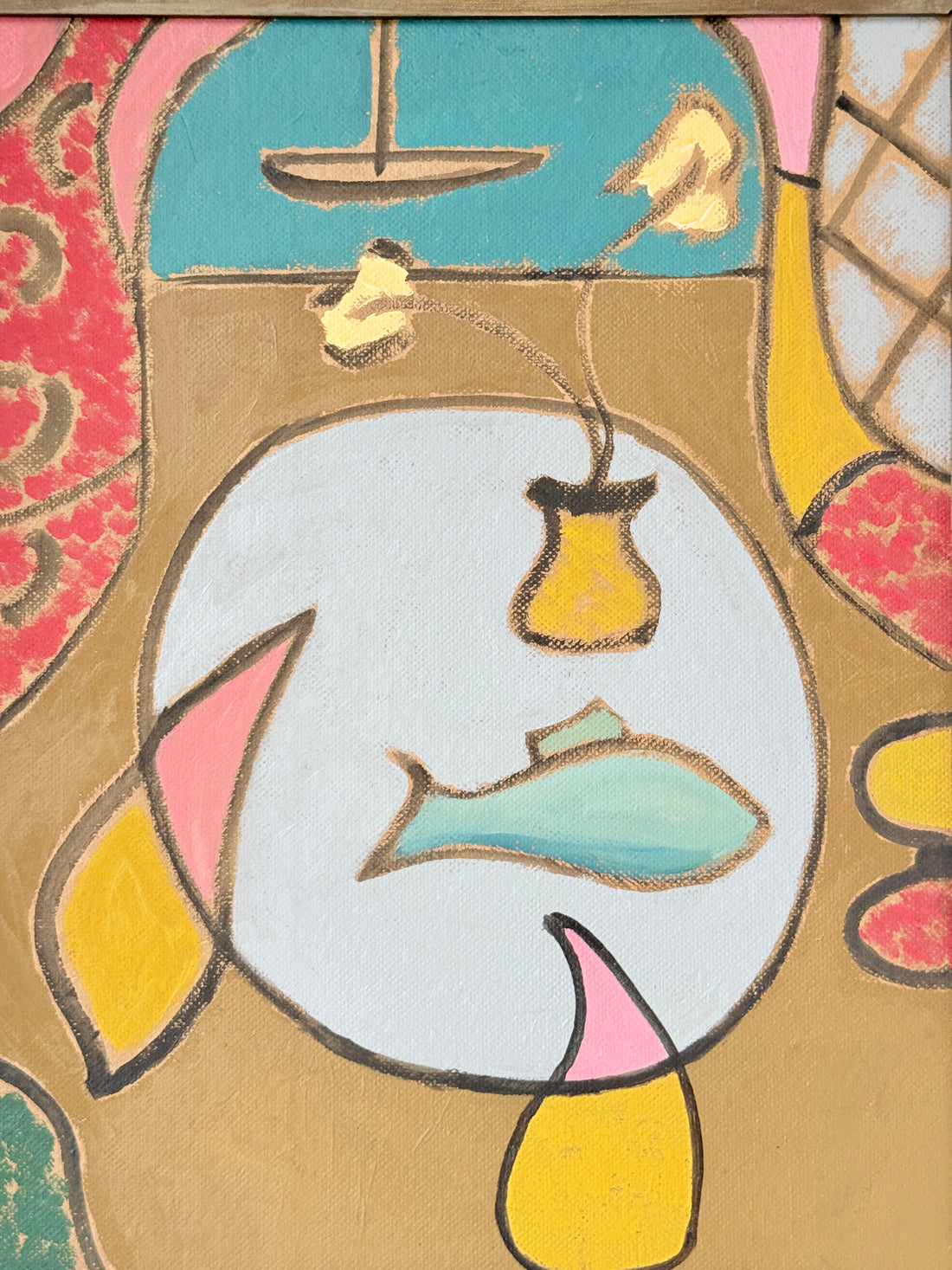 St Ives School style semi abstract still life of a fish and pear on a plate with a boat, in a wood frame