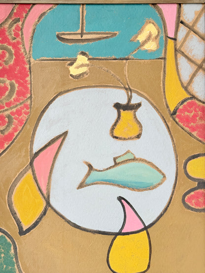 St Ives School style semi abstract still life of a fish and pear on a plate with a boat, in a wood frame