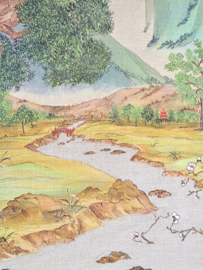 Vintage Chinese watercolour landscape on canvas with tree, mountains and blossom, photographed on white surface