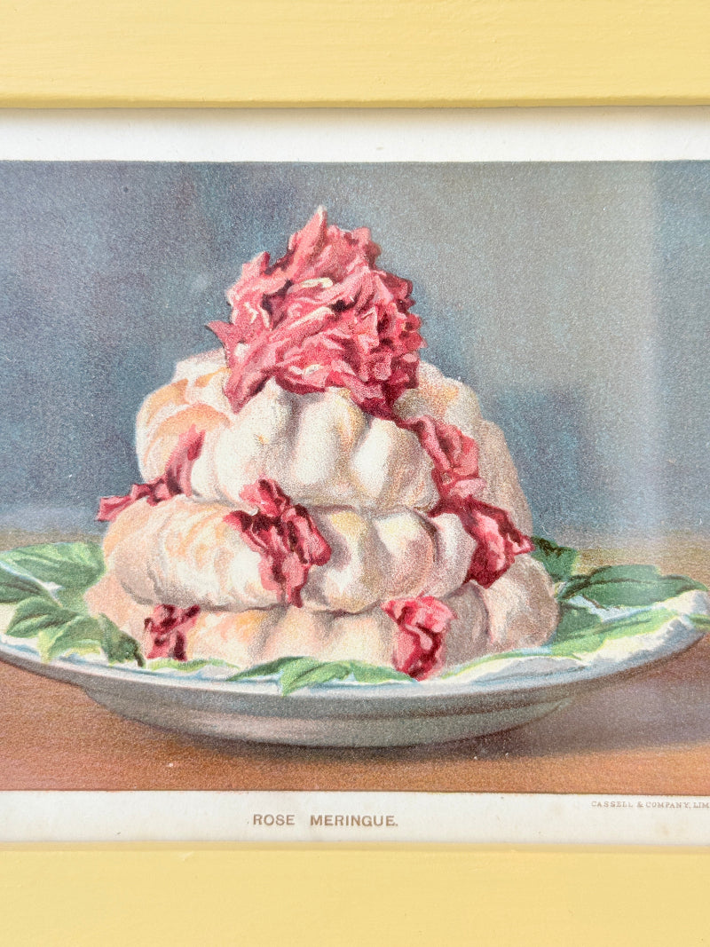 Framed antique Victorian cookery illustration from Cassell’s New Universal Cookery Book showing Rose Meringue dessert
