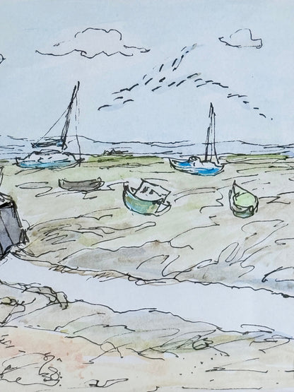 Vintage pen and watercolour coastal scene with horse and cart in rustic wood frame, signed, on white surface.