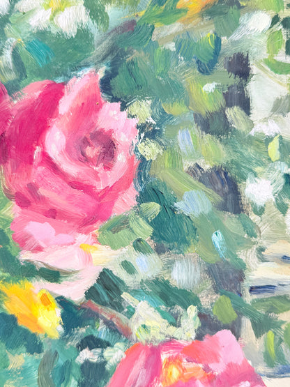 Impressionistic oil painting of a pink rose with green leaves and yellow accents, rendered in textured brushstrokes.