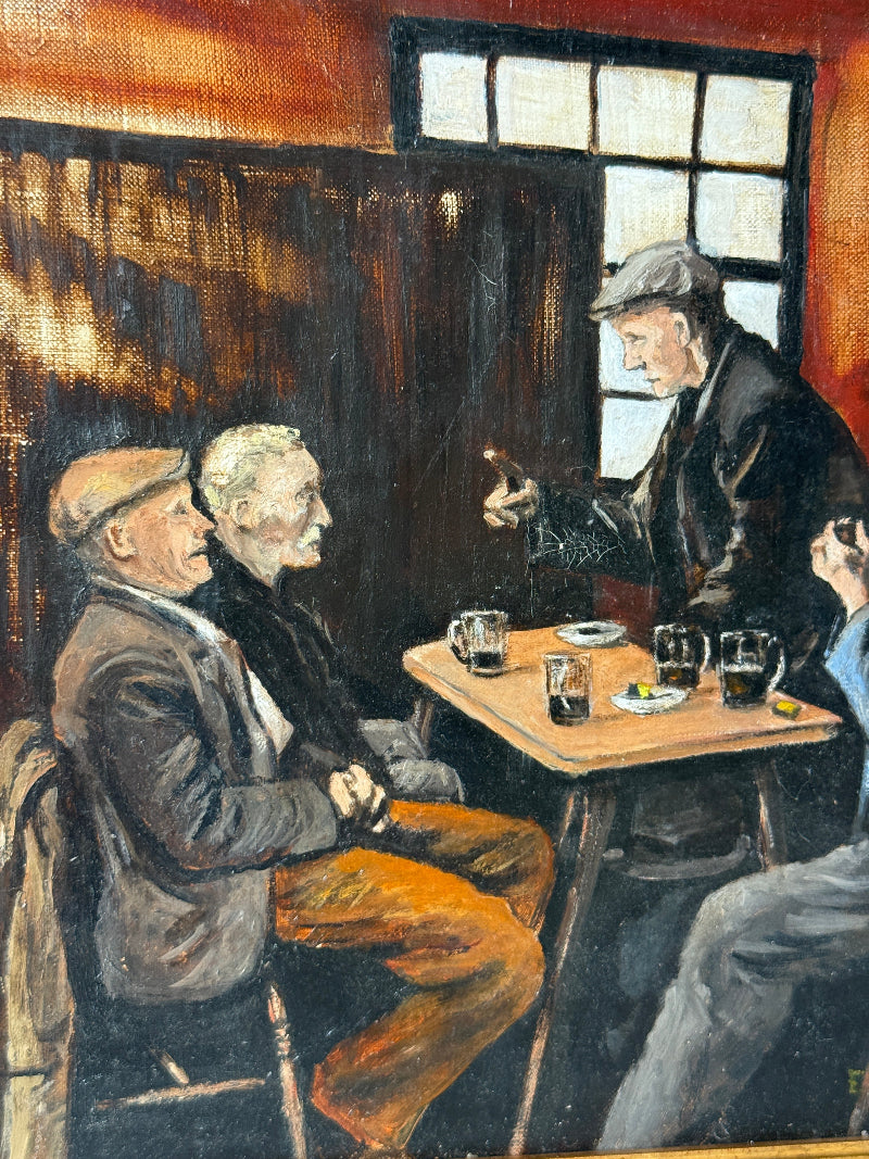 An oil painting depicting three elderly men gathered around a small table in a dimly lit pub or cafe, with one man holding a glass and another in a cap looking on. The painting features warm brown, orange, and black tones with visible brushstrokes.