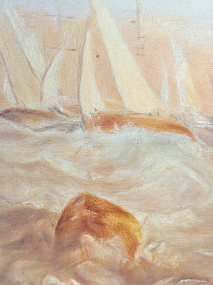 Impressionistic oil painting of sailboats on churning sea waves, rendered in warm beige, cream, tan, and brown tones.