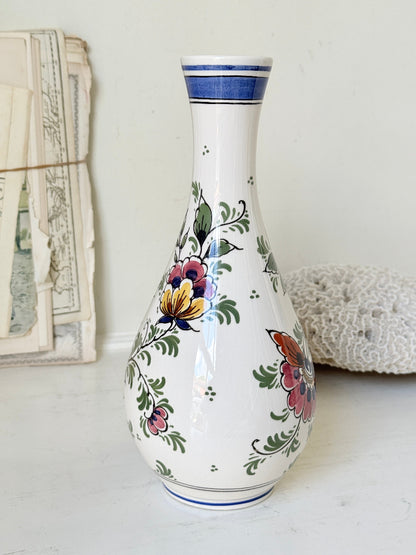 Dutch Delft polychrome vase by De Delftse Pauw hand painted with a peacock and flowers on white