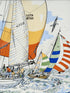 Vintage enamel artwork of sailing yachts with colourful striped sails in a regatta, framed in wood, photographed on white surface.