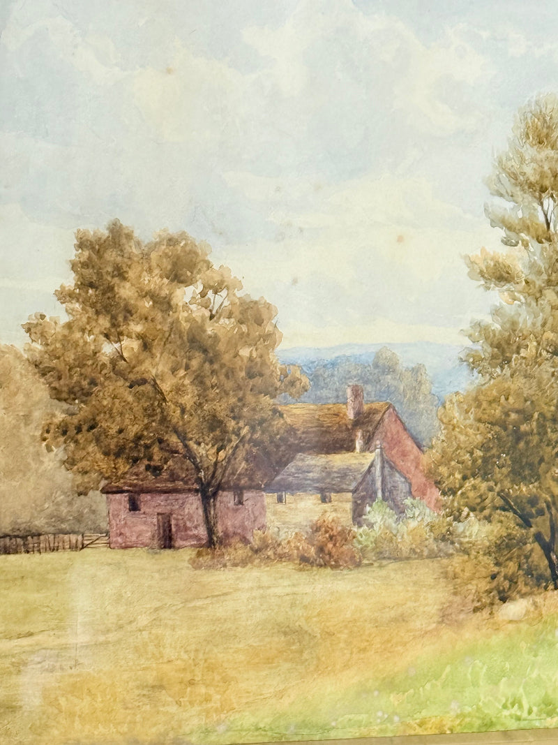 Antique watercolour landscape in gilt frame, countryside scene with trees, photographed on white surface.