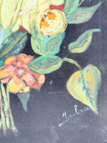 Vintage floral still life oil on canvas with yellow and peach blooms against dark background, unframed, on white surface.