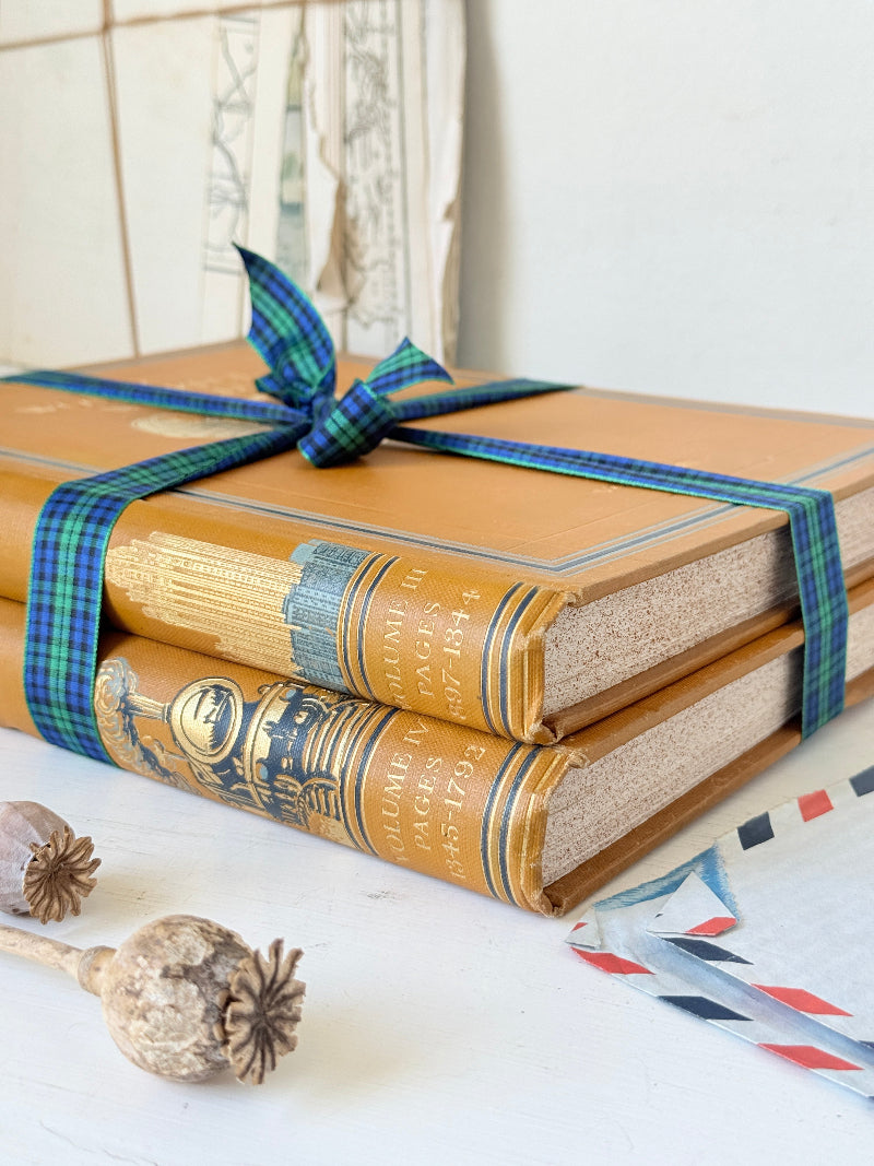 Pair of vintage Our Wonderful World books edited by J. A. Hammerton with mustard cloth covers, gilt lettering and blue decorative bands