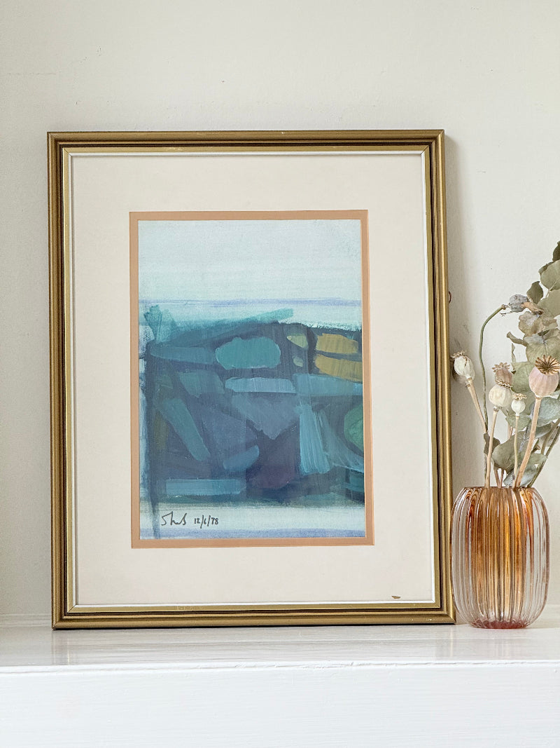 1970s framed abstract watercolour and gouache painting titled Rock Pools St Ives by Shields, photographed on white surface

