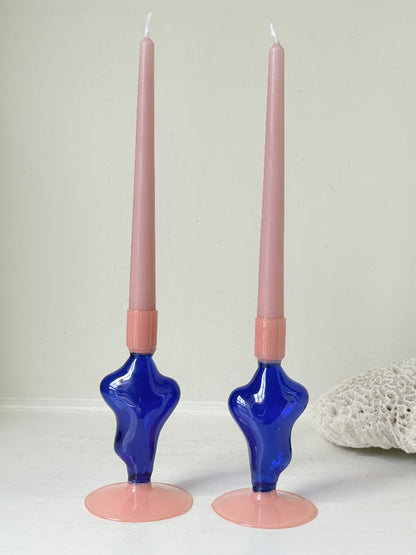 Pair of &amp;Klevering Amsterdam Flux glass candle holders in dark blue and pink with pink taper candles