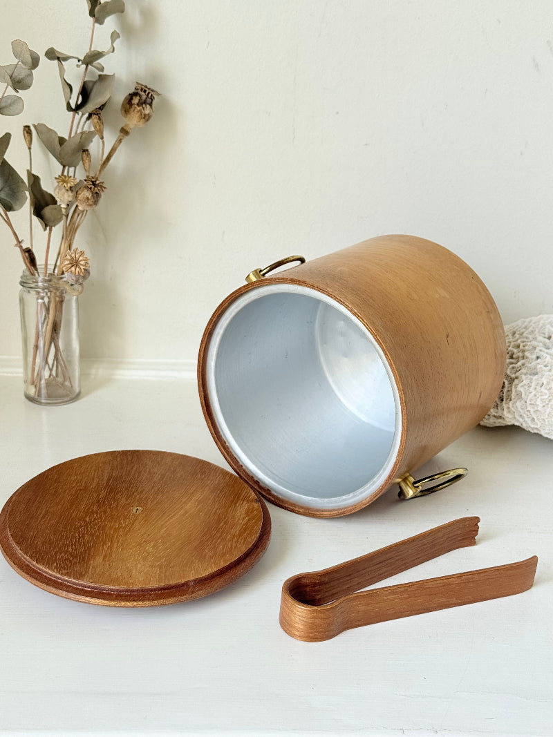 Mid century bent plywood icebox with brass handle and matching wooden tongs, styled on a white surface with dried foliage.