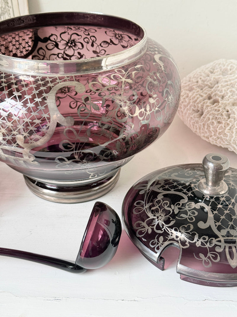 Vintage amethyst glass punch set with silver overlay decoration, lidded bowl, ladle and 6 matching cups