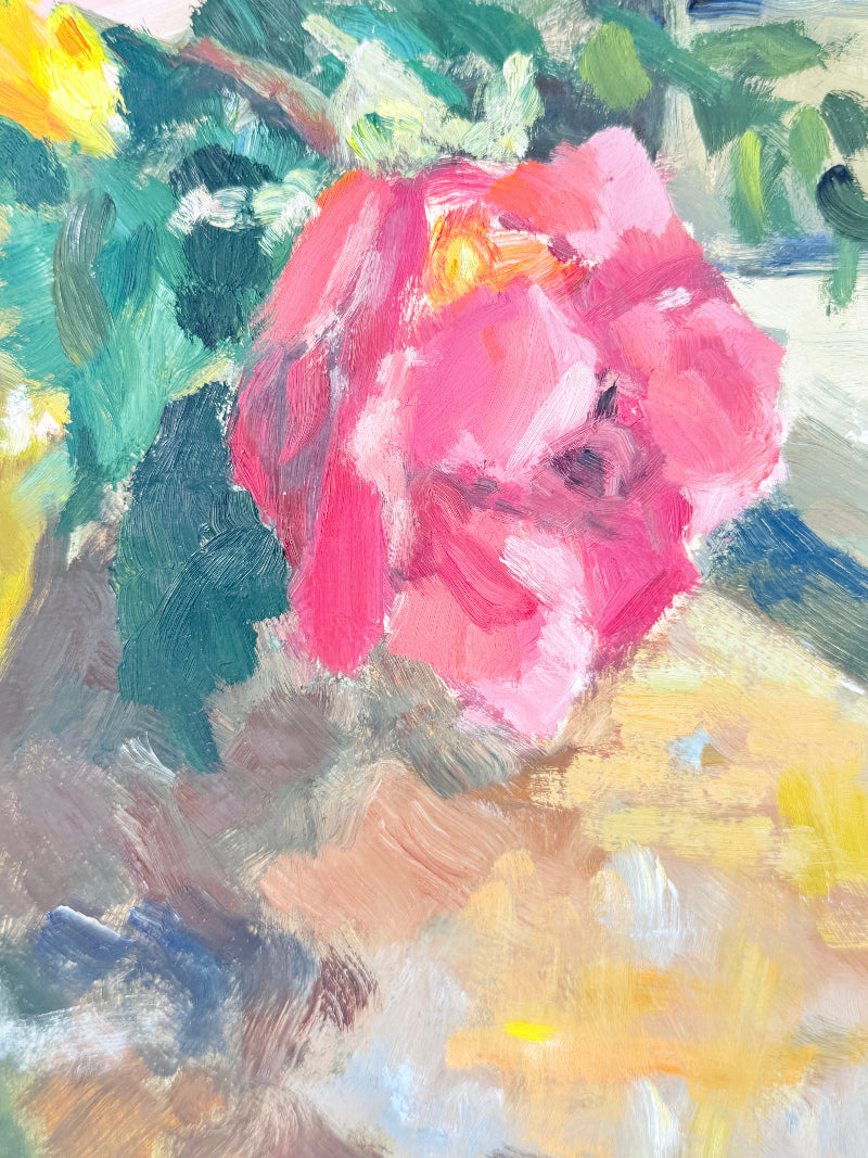 Impressionistic oil painting of a pink flower with green leaves and yellow highlights, rendered with thick textured brushstrokes.