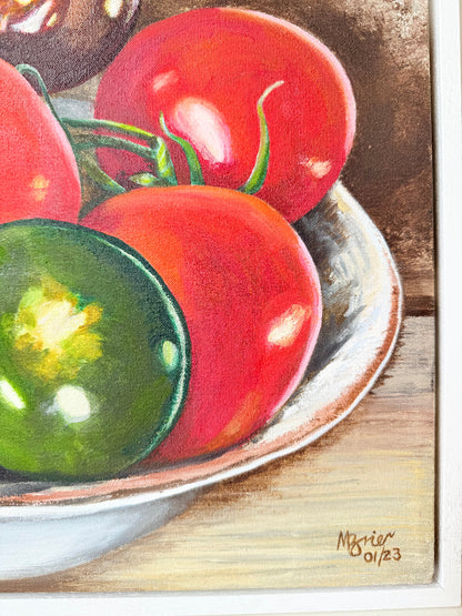 Original still life painting of tomatoes by M. Brier, 2021, framed in white box frame and photographed on white surface

