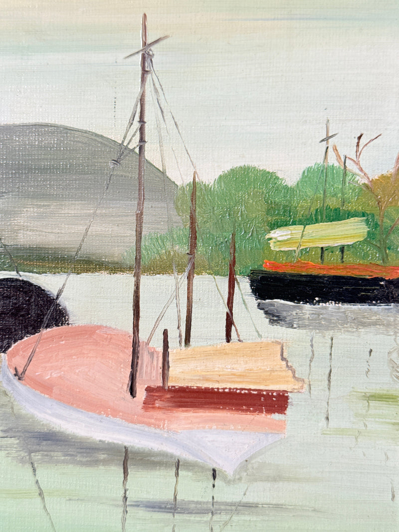 An impressionistic painting of small boats on calm water, with a pale sky, green trees, and a muted gray hill in the background.