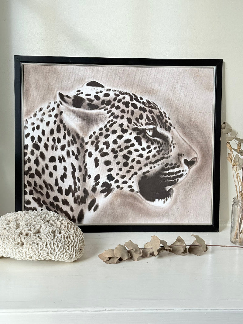 Original oil painting of a leopard profile, framed and displayed against a white background.
