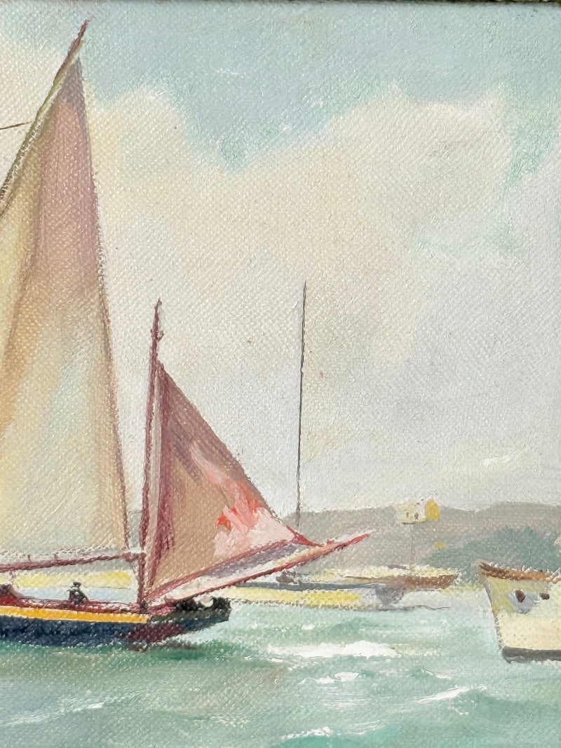 A painted coastal seascape showing sailboats on the water under a pale sky, with distant landforms and a small boat at right.