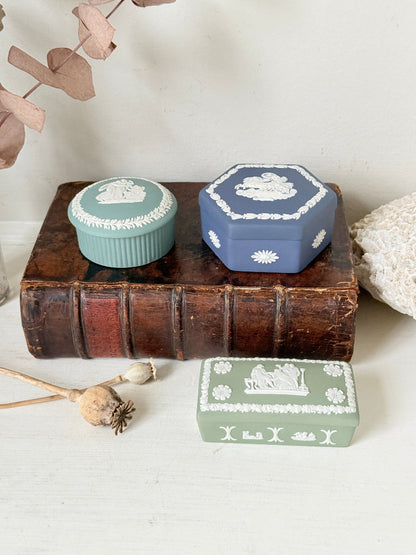 
Trio of vintage Wedgwood Jasperware lidded pots in Portland blue and sage green, featuring neoclassical white relief figures, styled with dried stems on a pale surface.