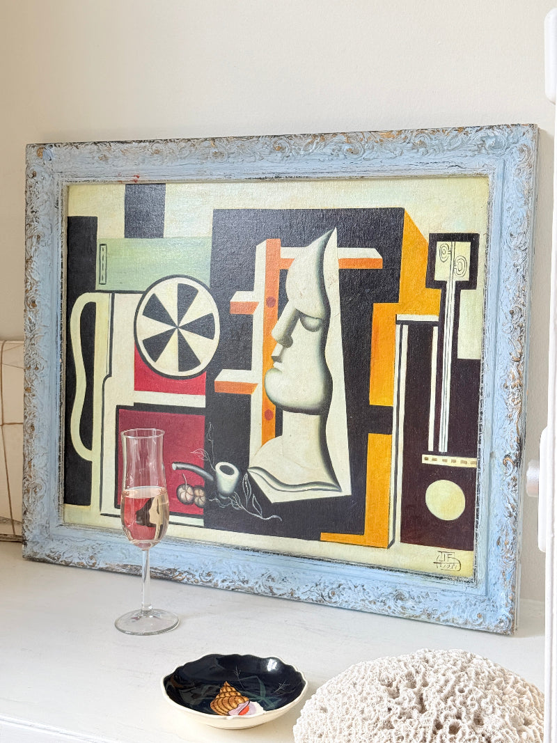 Original oil on canvas laid on board still life after Fernand Léger with plaster mask, coffee pot and pale blue frame