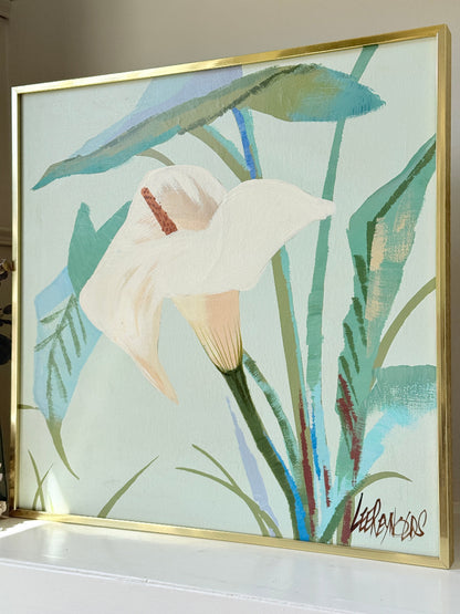Lee Reynolds Vanguard Studios calla lily painting in aqua and green, gold frame, mid century modern