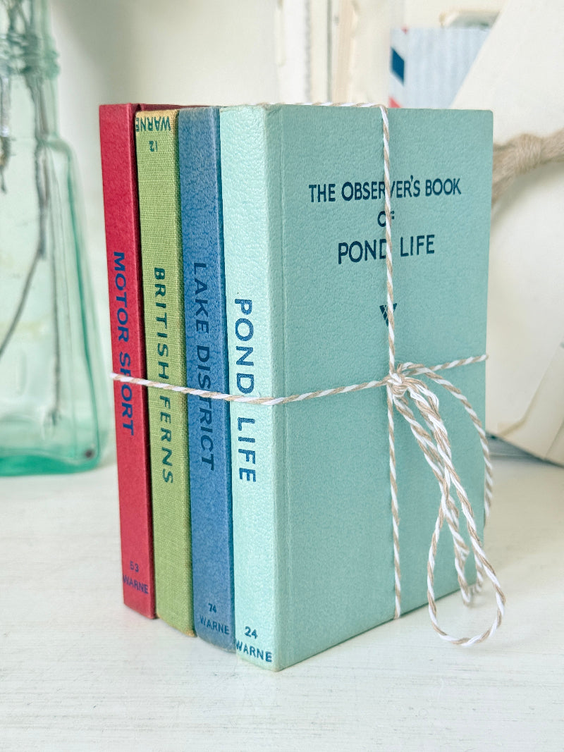 A set of four vintage-style hardcover books tied together with twine on a white surface. The spines show titles including &