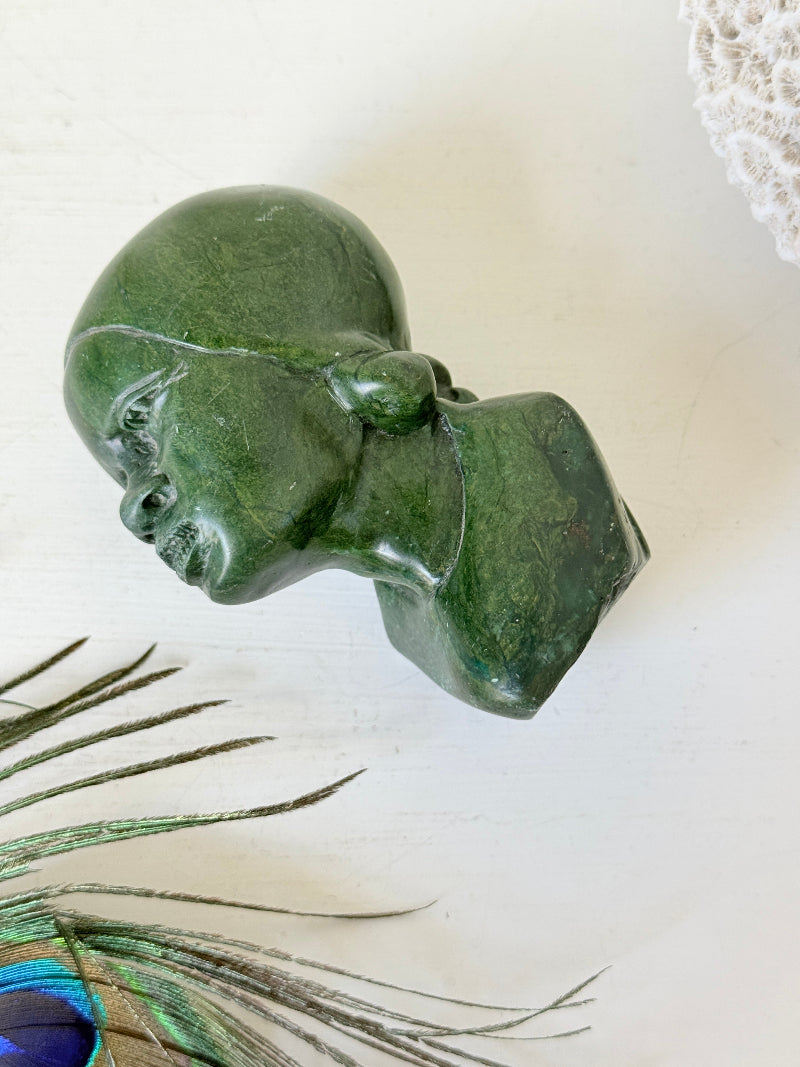 Barnabas Fombe verdite Shona bust of a woman with a head wrap, signed, from Zimbabwe