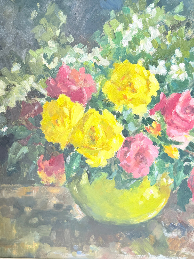 Impressionistic oil painting of a vibrant bouquet of yellow, pink, and white roses in a bright yellow-green vase, set against a dark, textured background.