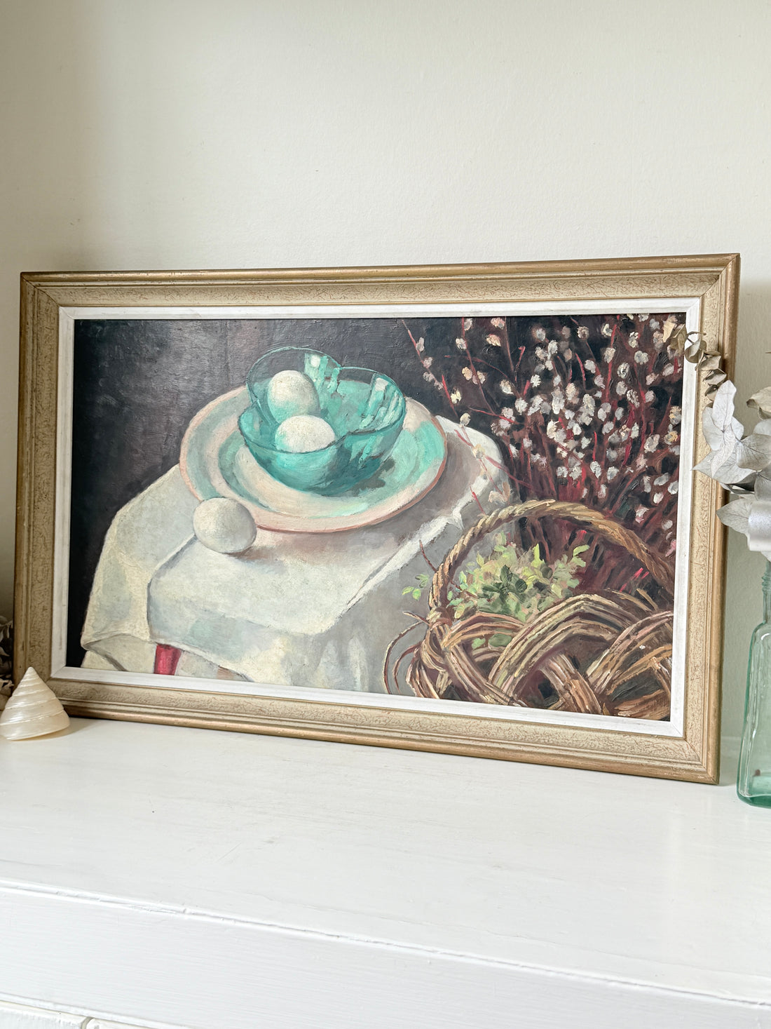 Mid Century Still Life Oil Painting in Jade and Burgundy, Eggs and Pussy Willow