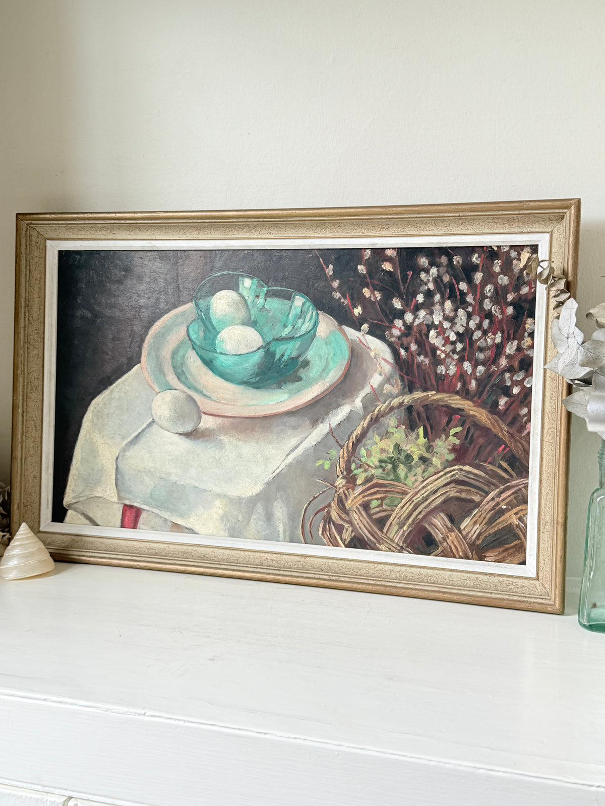 Mid Century Still Life Oil Painting in Jade and Burgundy, Eggs and Pussy Willow