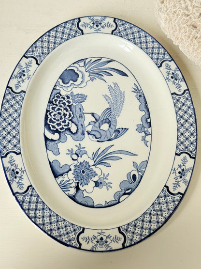 Vintage Woods and Sons Yuan blue and white serving platter photographed on a white surface