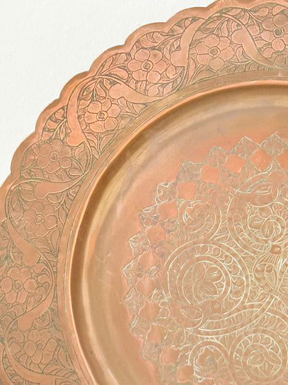 Vintage hand engraved copper tray with scalloped edge, bird and floral motif and warm aged patina for boho interiors