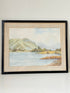 Vintage signed watercolour landscape of mountains and lake in black frame