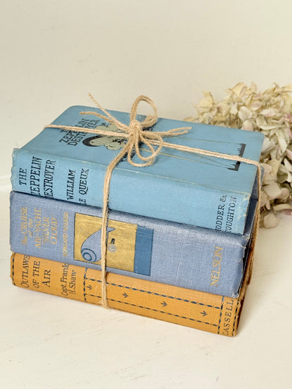 Vintage decorative book bundle in blue and ochre tied with twine, photographed on a white surface