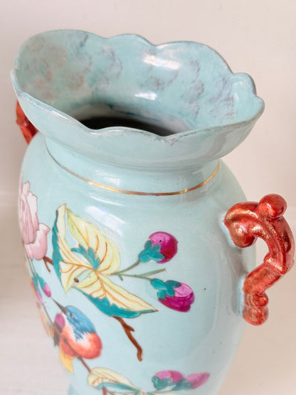 Pair of Paris porcelain Aesthetic Movement vases from the late 1800s, hand painted with birds, blossom and coral handles
