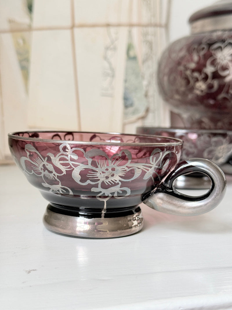Vintage amethyst glass punch set with silver overlay decoration, lidded bowl, ladle and 6 matching cups
