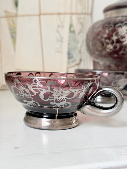 Vintage amethyst glass punch set with silver overlay decoration, lidded bowl, ladle and 6 matching cups